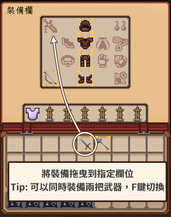 裝備欄:將裝備拖曳到指定欄位,可同時裝備兩把武器並用 F 切換